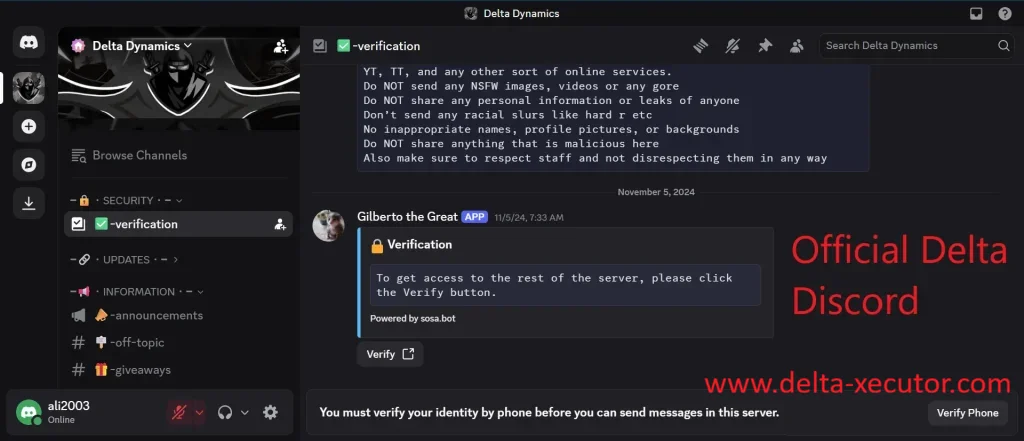 Delta Executor 35 Delta Dynamics Discord verification page