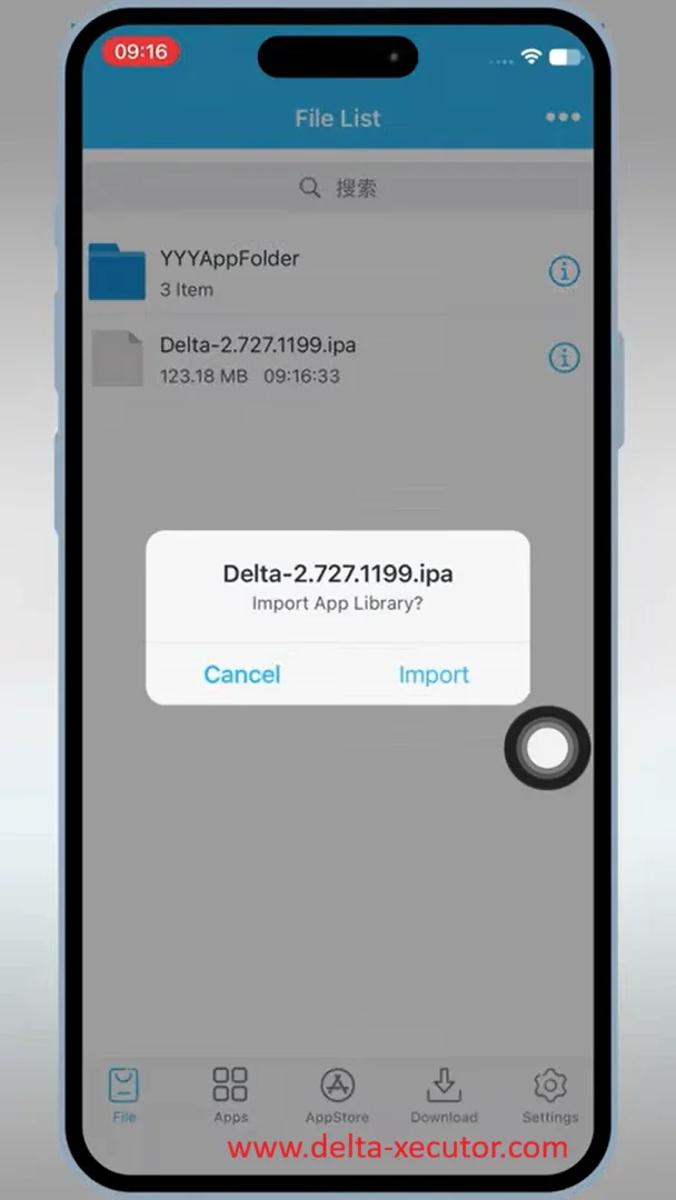 Delta Executor 20 Import the Delta Executor IPA file into ESign before signing and installing it