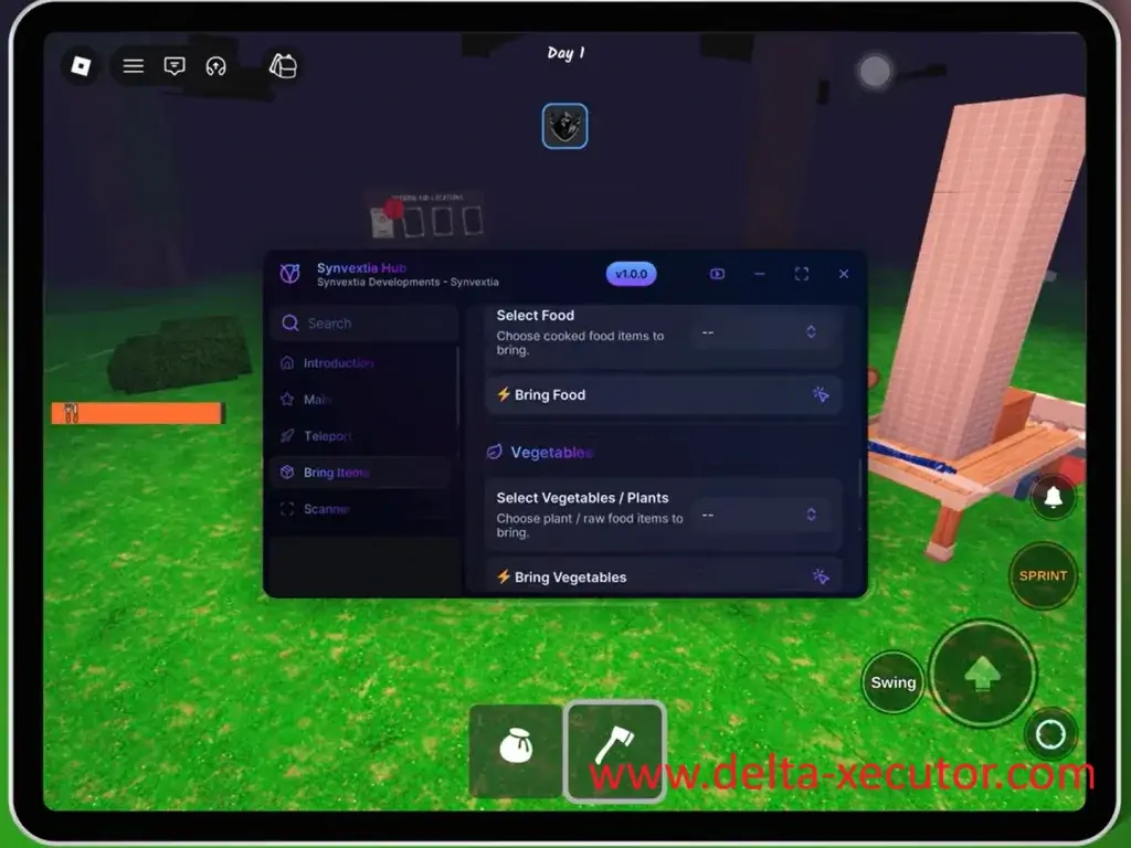 Delta Executor 8 Synvextia Hub script automating food and resource collection in 99 Nights in the Forest