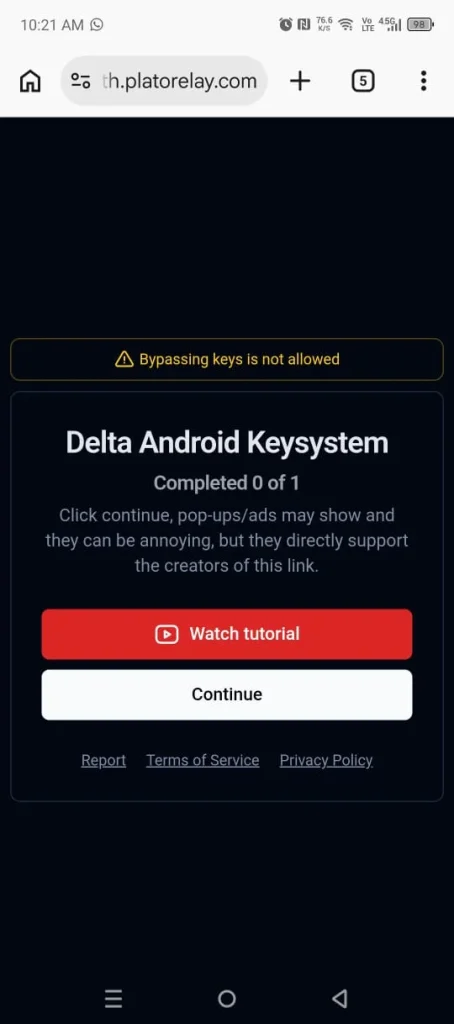 Tap Continue to begin the Delta Key verification process