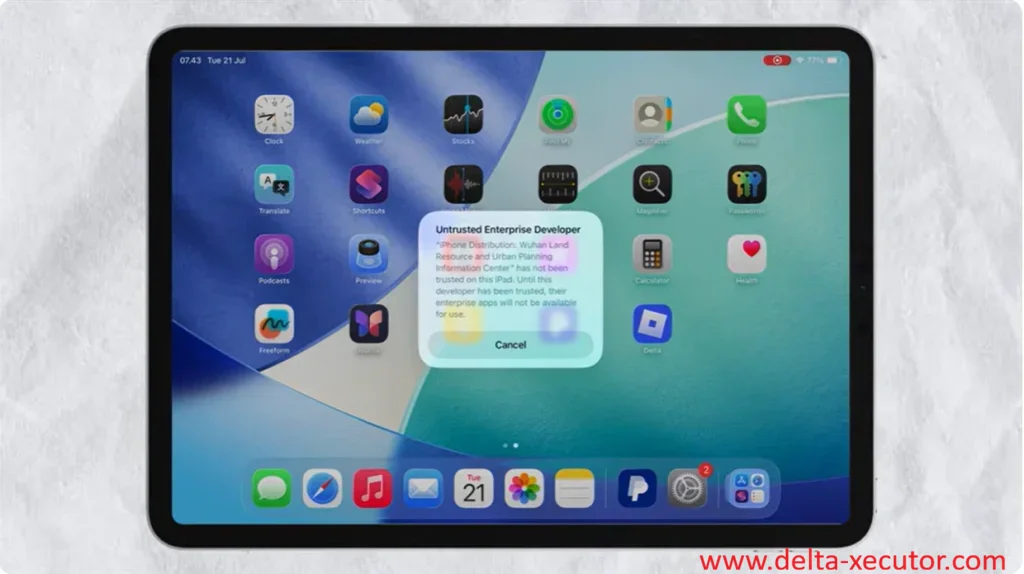 Delta Executor 24 The “Untrusted Enterprise Developer” message that appears before trusting Delta Executor on iPhone and iPad