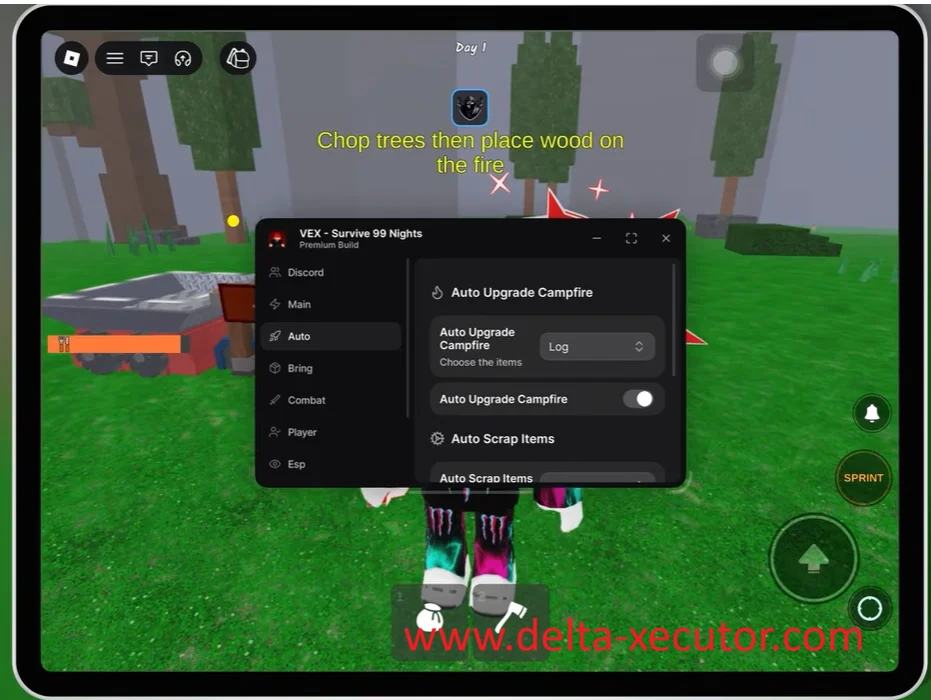 Delta Executor 10 VEX script automating campfire upgrades and resource management in 99 Nights in the Forest